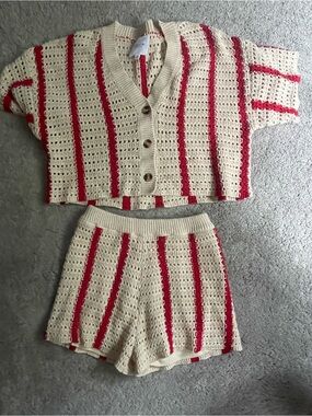 Le Lis Cream and Red Crochet Knit Top with matching shorts